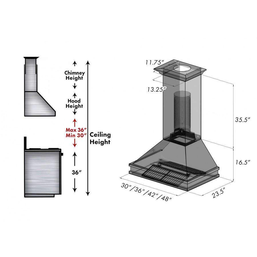 Range hood size diagram with ceiling height and chimney dimensions
