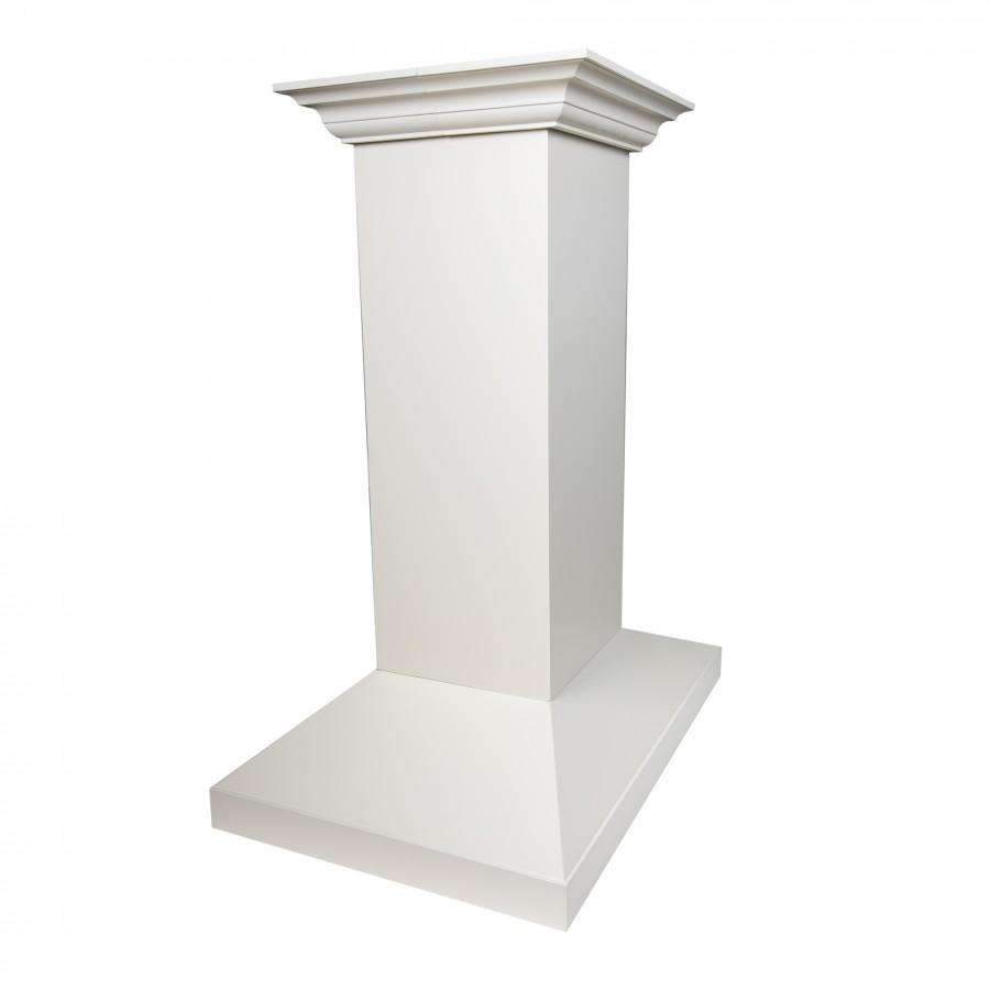 Standalone chimney housing for an island range hood with crown molding top.