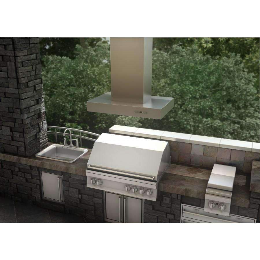 Stainless steel island range hood over outdoor grill with vented chimney hood canopy