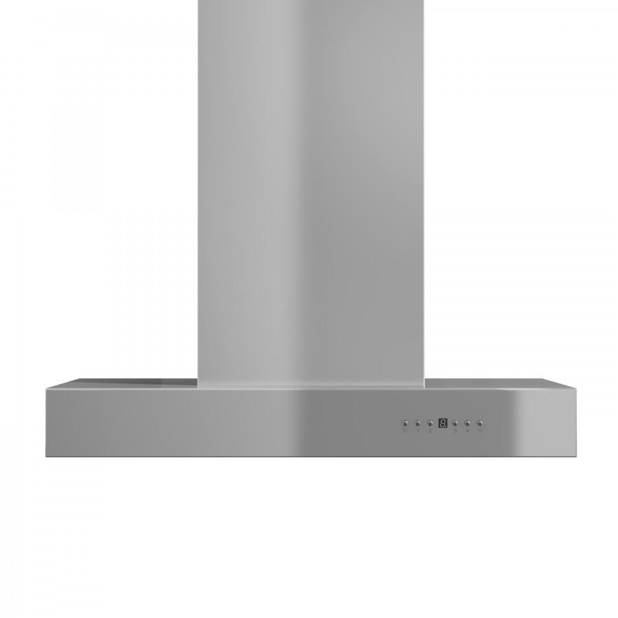Stainless steel island range hood front panel with control buttons and chimney column
