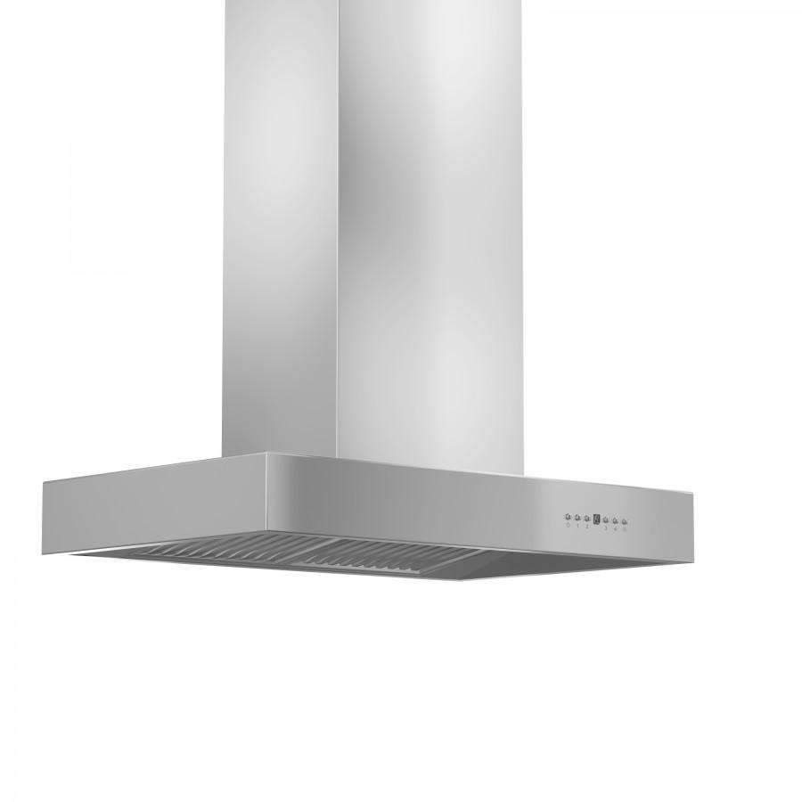 Island mount stainless steel range hood with vent filters and control buttons