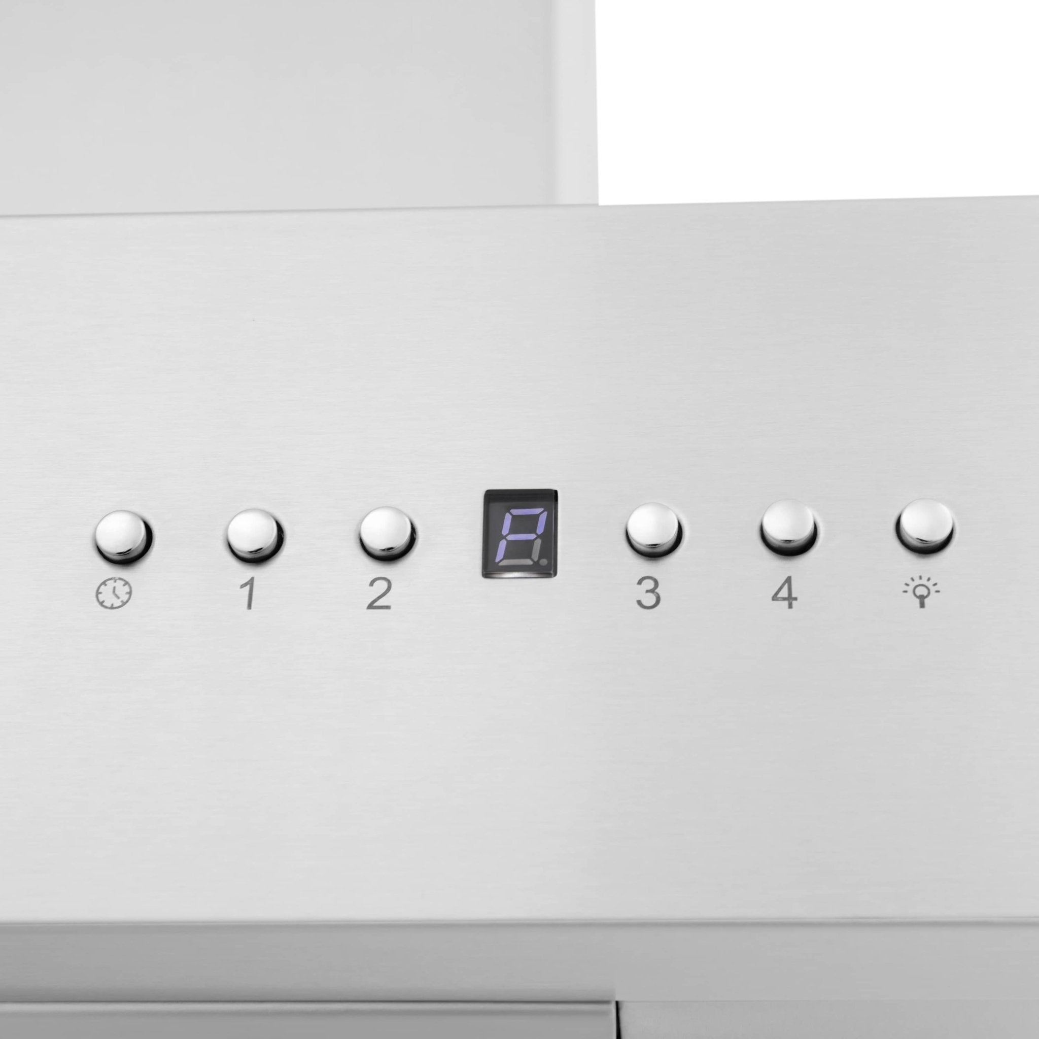 Range hood control panel with chrome knobs and digital display
