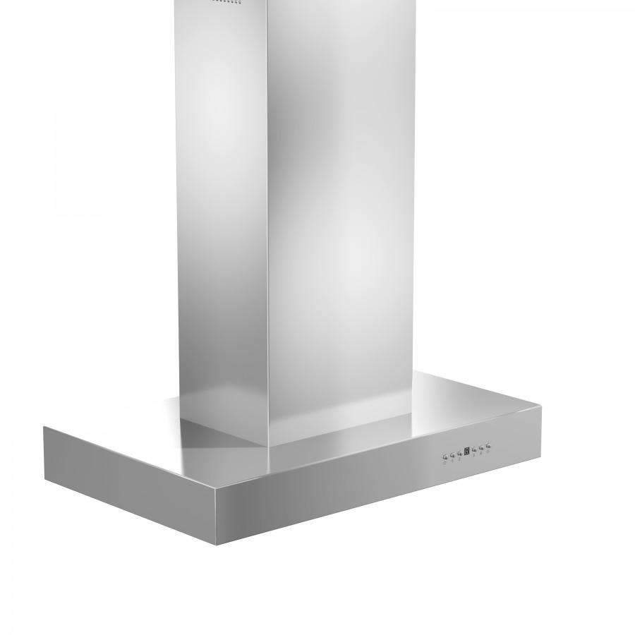 Stainless steel island range hood corner view with slim chimney column