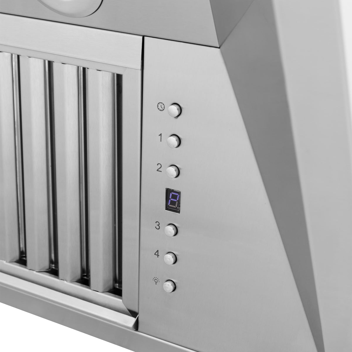 Stainless steel island range hood control panel with numbered buttons and display
