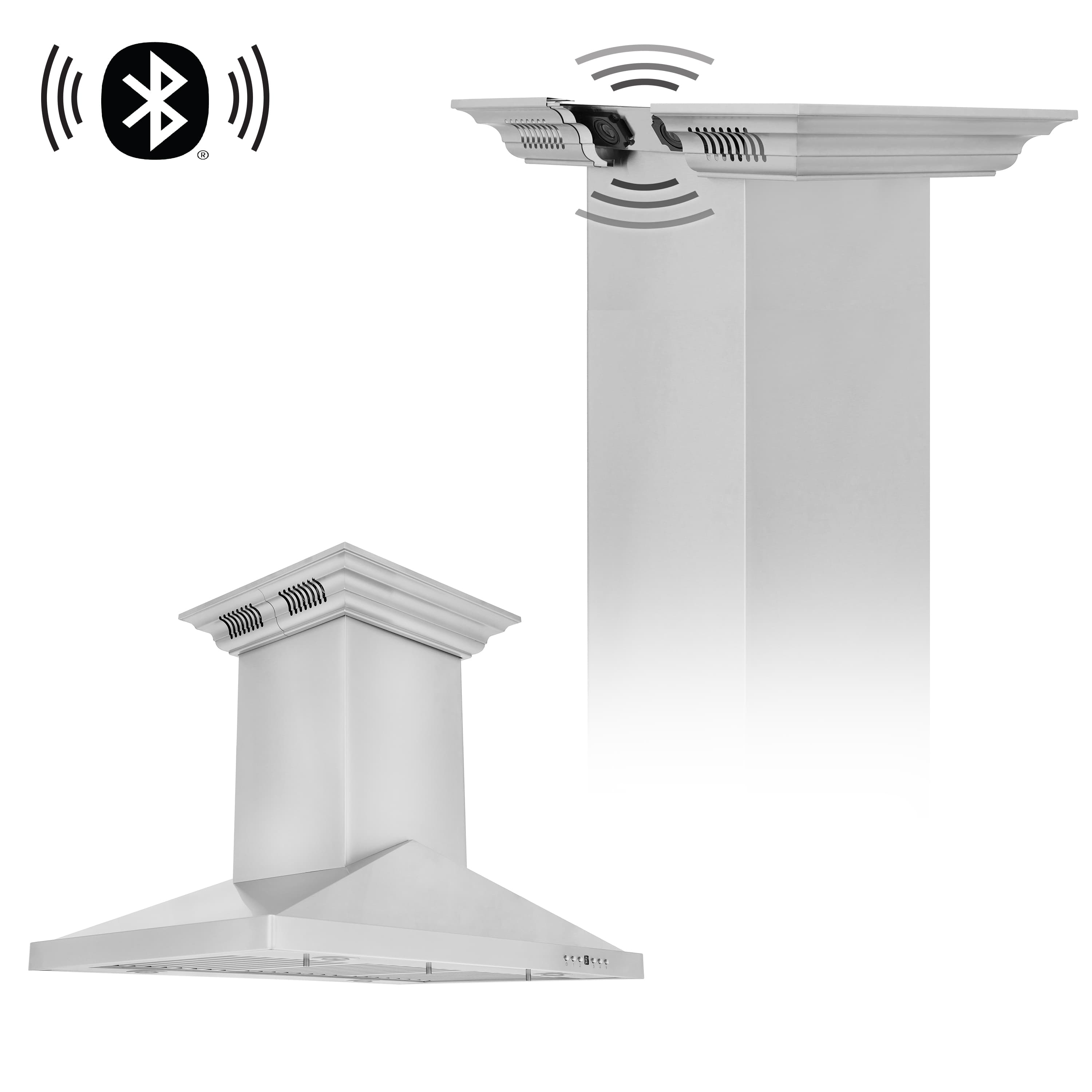 Stainless steel ducted island range hood with chimney and built-in Bluetooth speaker indicators