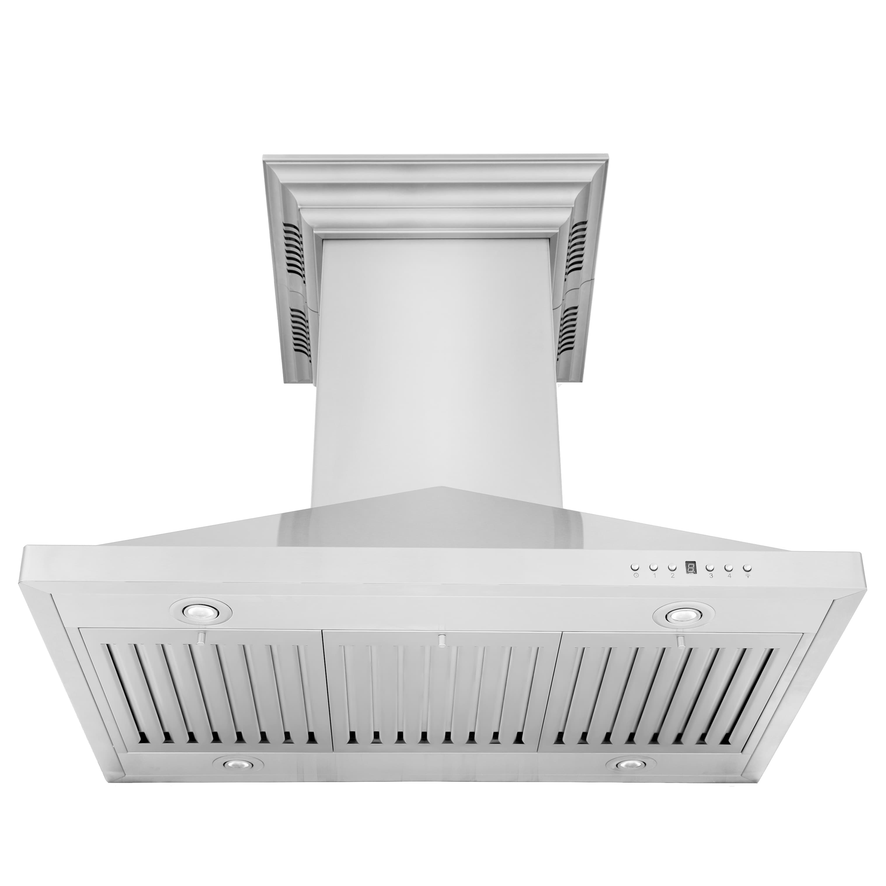 Stainless steel island mount ducted range hood with front canopy and control buttons