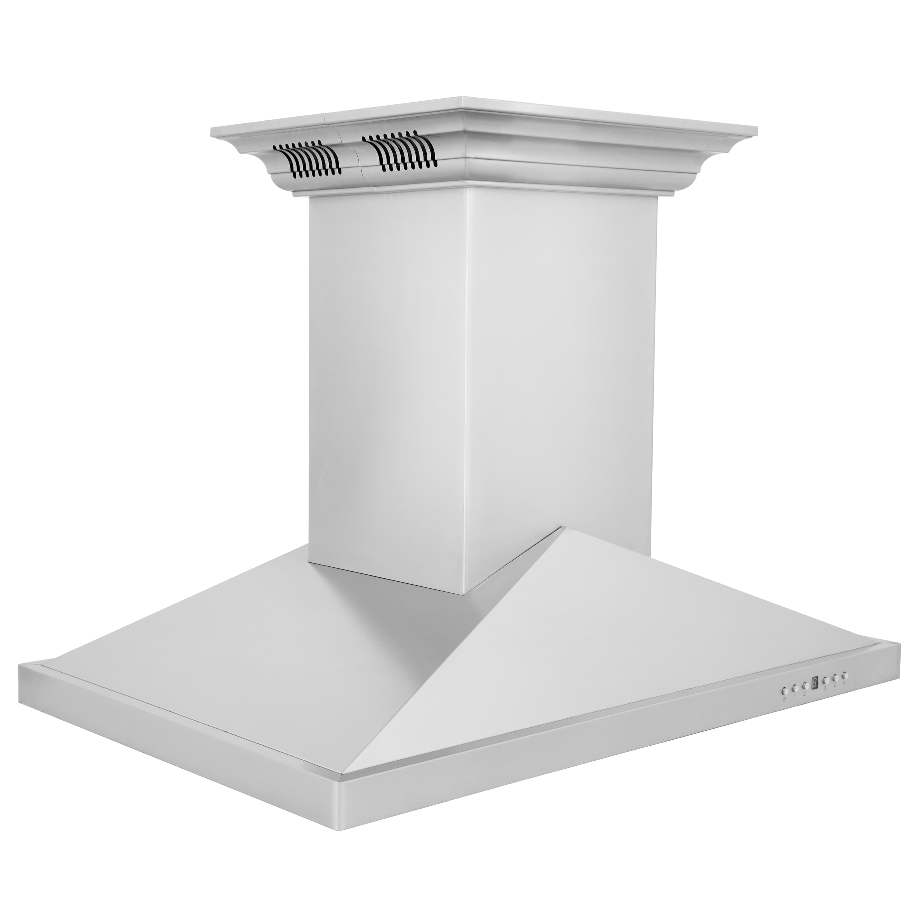 White stainless steel ducted island range hood with chimney and wide square canopy