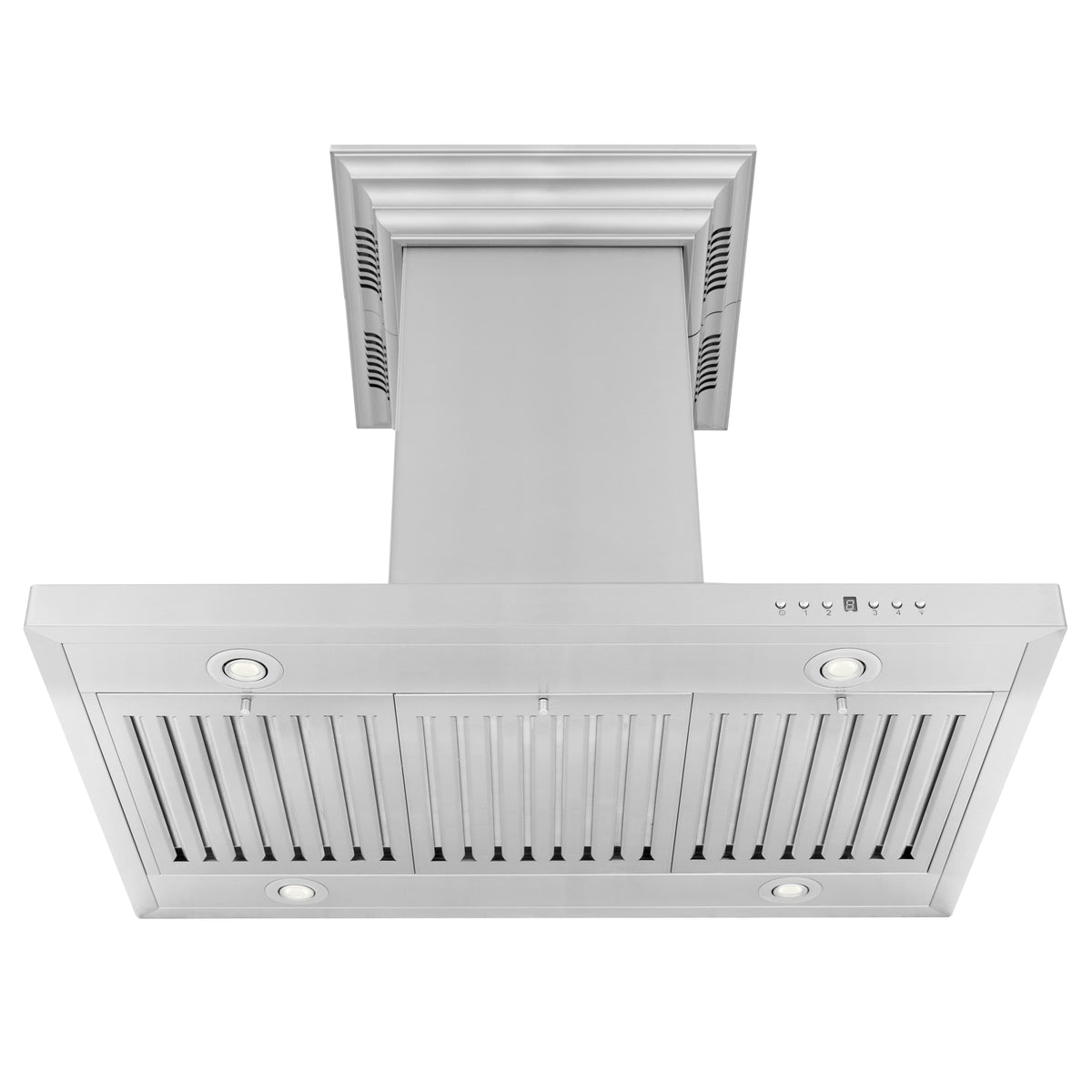 Stainless steel island mount range hood with front vent grille and controls