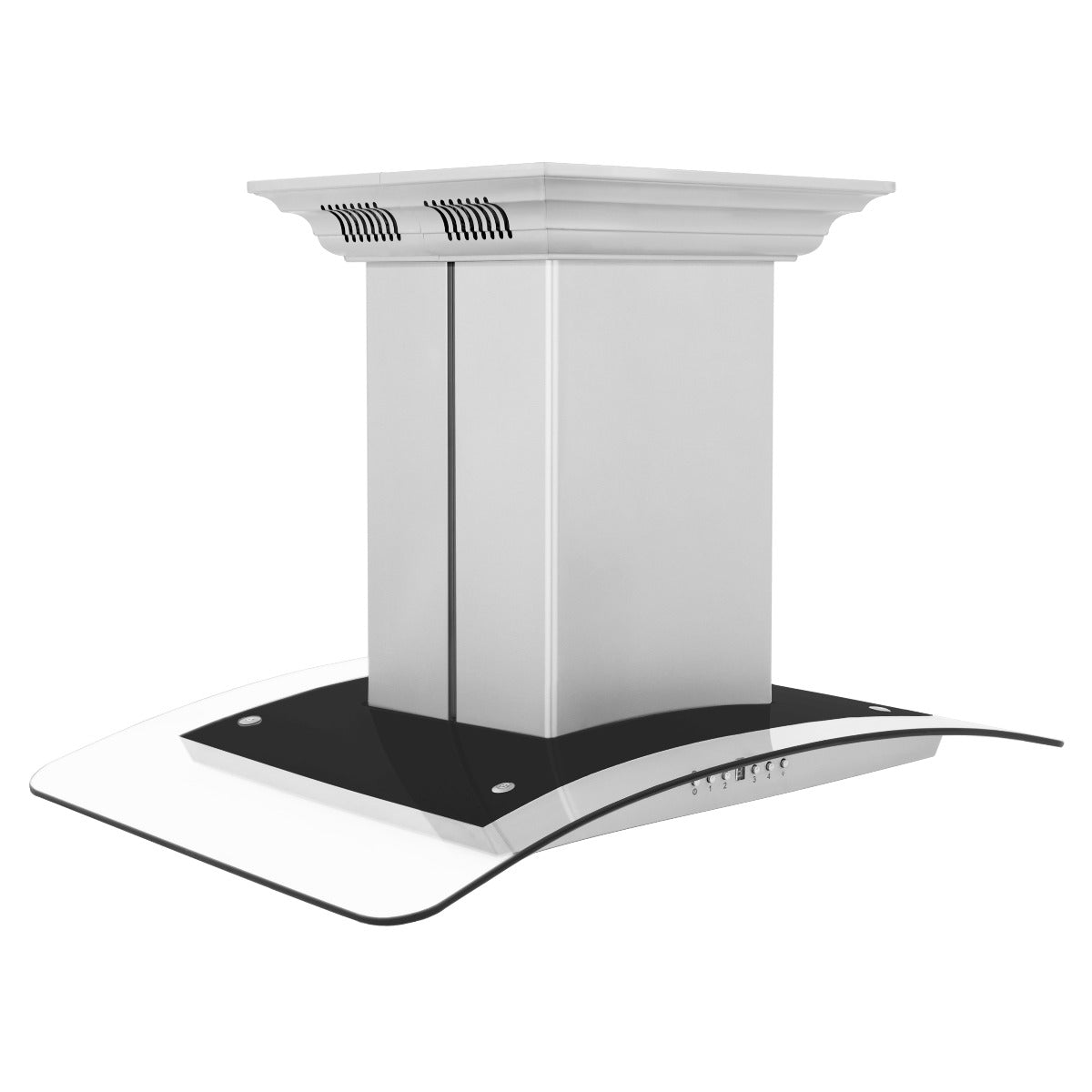 Stainless steel island range hood with crown top, chimney body, and black mounting base