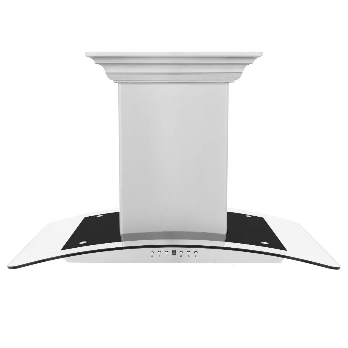 Stainless steel island mount range hood with wide vent canopy and tall chimney
