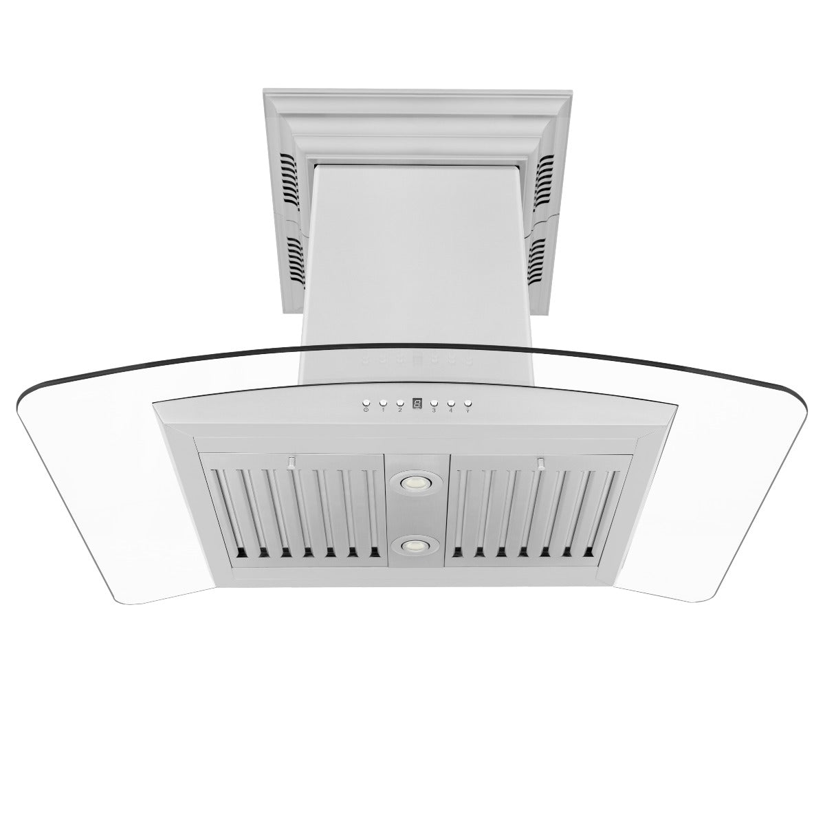 Stainless steel ceiling ducted range hood with front ventilation slots and two lights