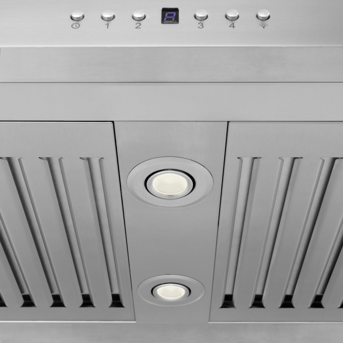 Stainless steel range hood front panel with two recessed round LED light lenses