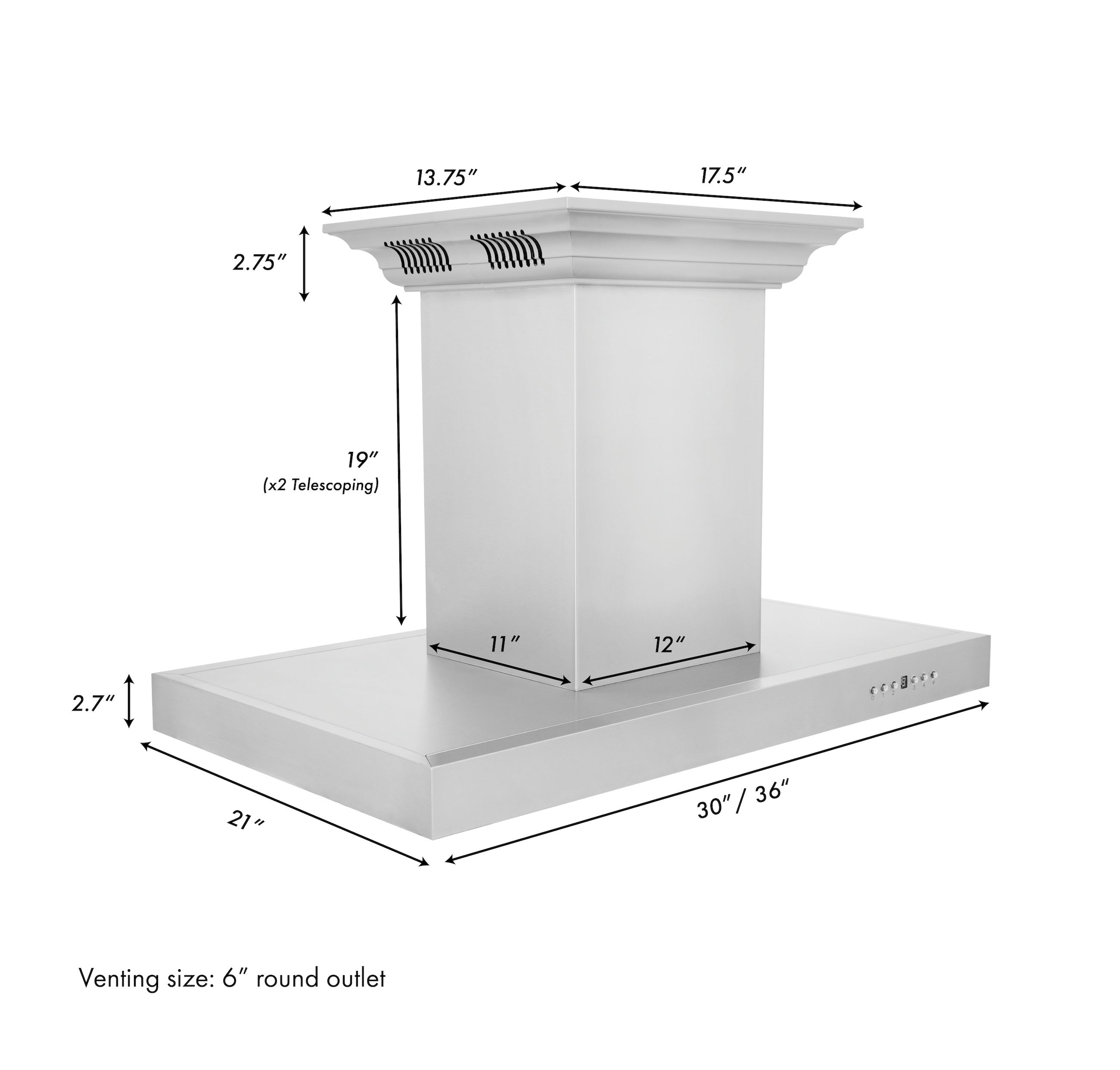 Stainless steel island mount ducted range hood with crown-style vent and front filter panel