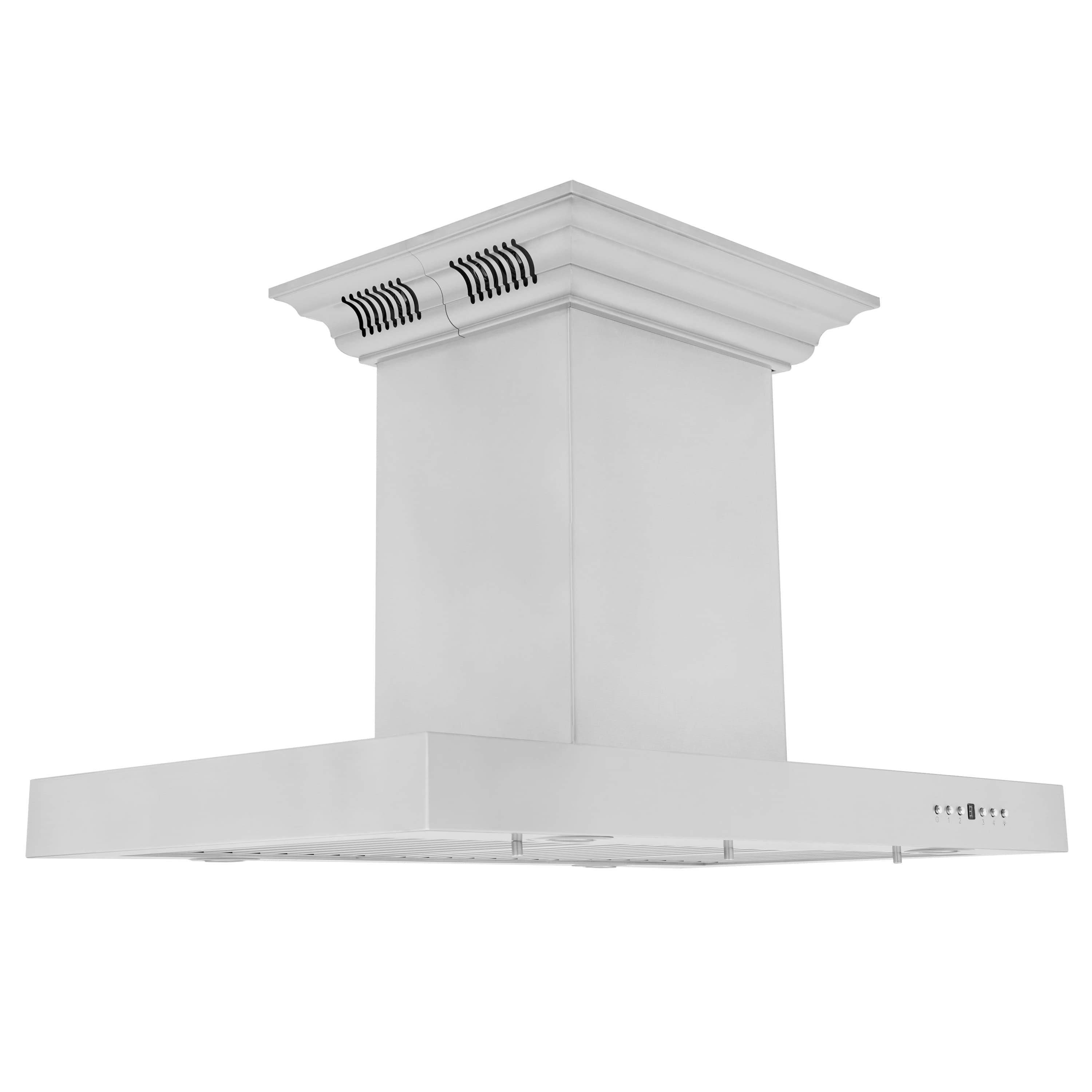 Island mount ducted range hood, light gray chimney and wide canopy with side vents
