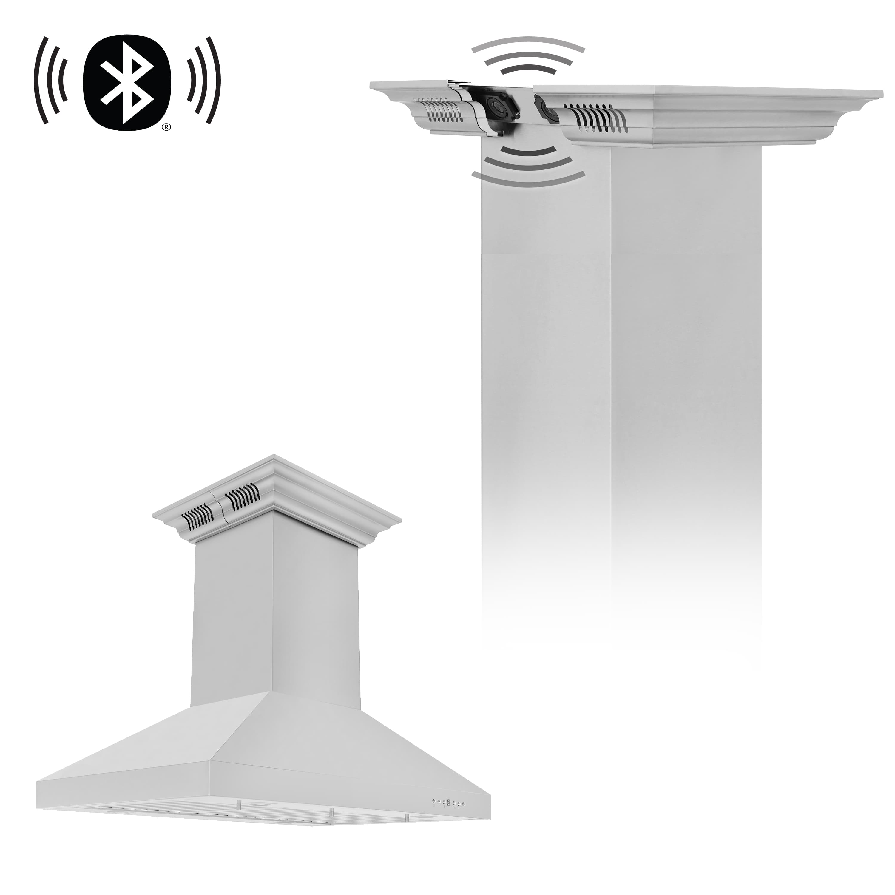 Stainless steel island range hood showing Bluetooth speaker icons above vent