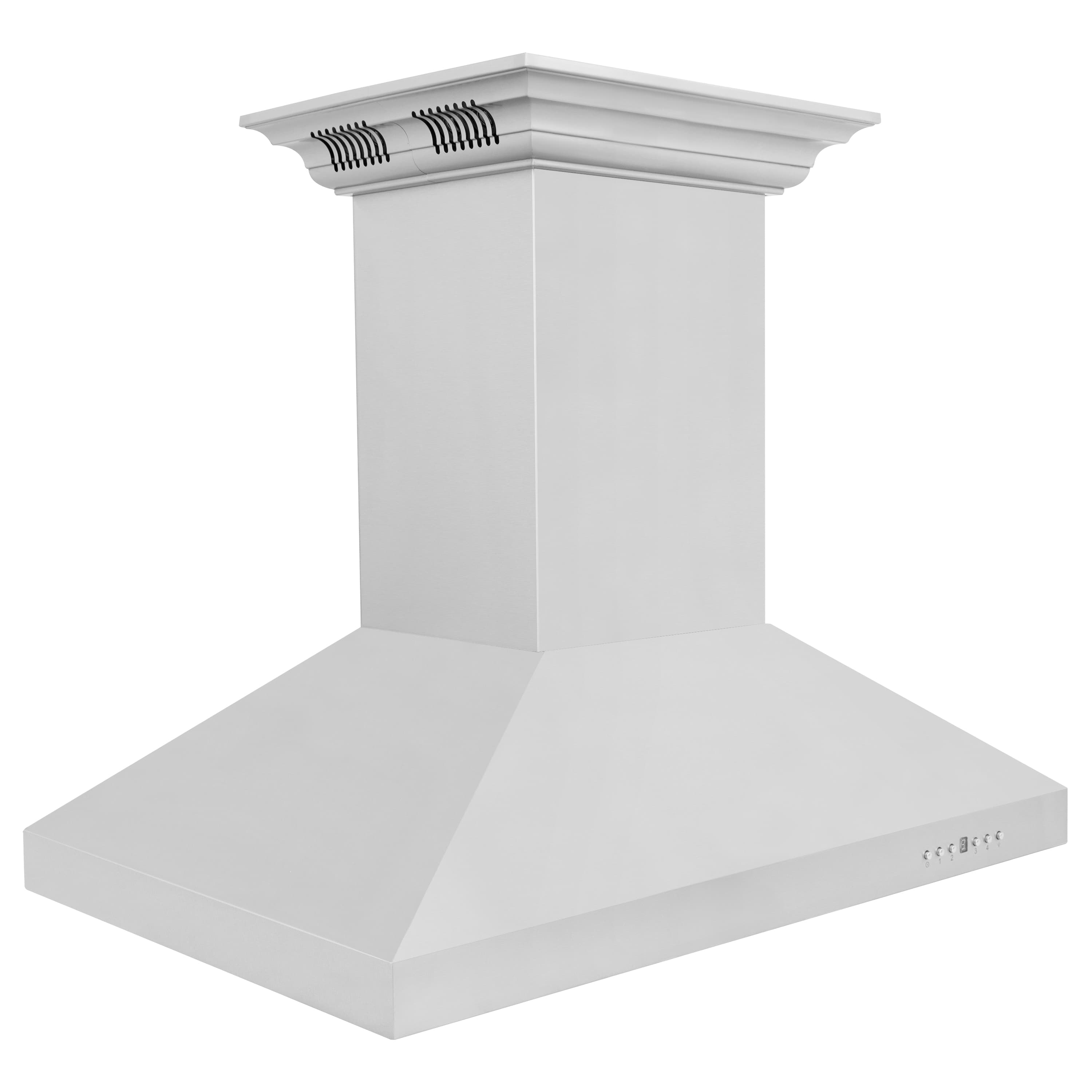 Stainless steel island range hood front view with vent grilles on chimney