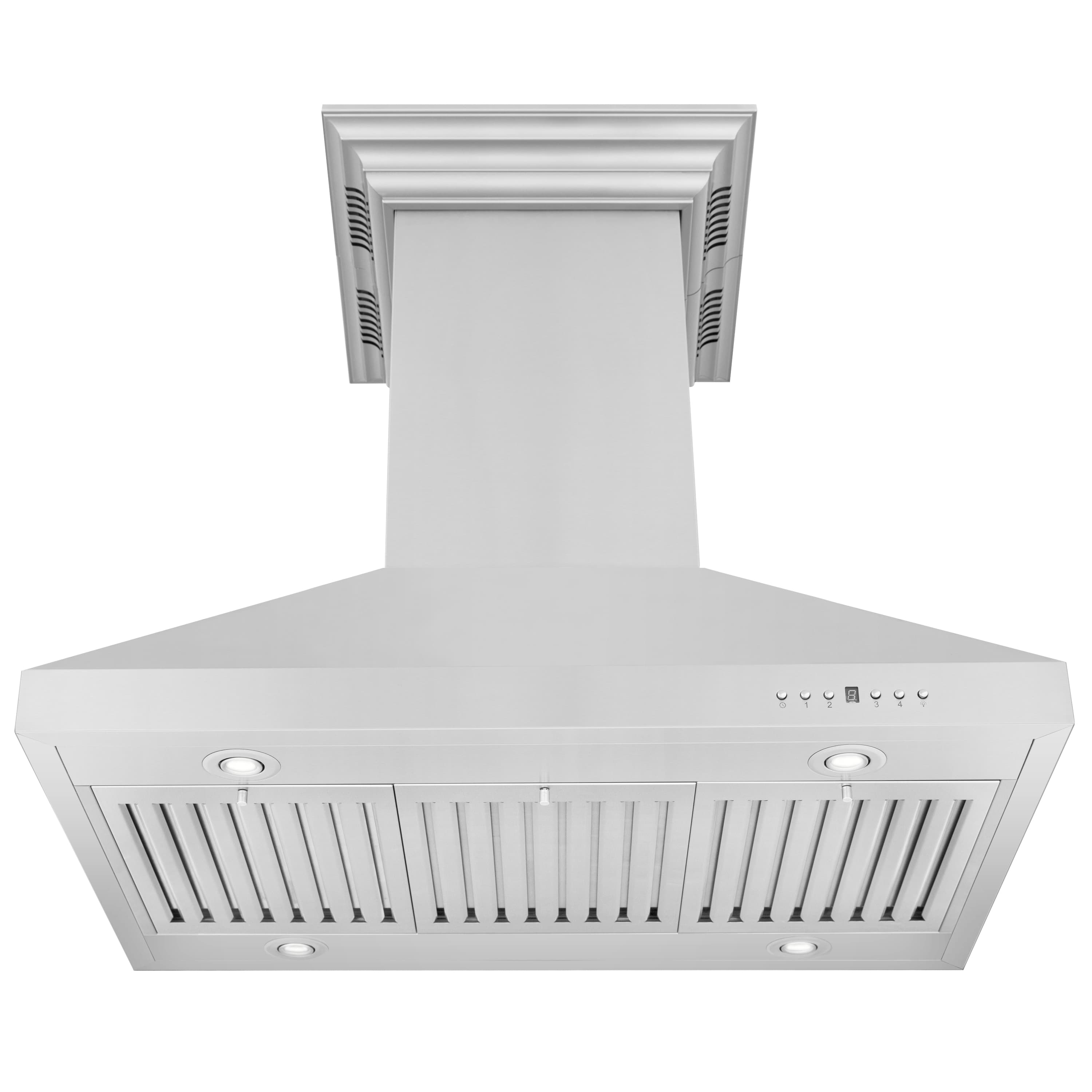 Stainless steel island range hood underside with vent slats and control buttons