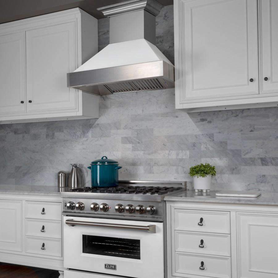 Wall-mounted range hood with white matte chimney, stainless canopy, and vent grille