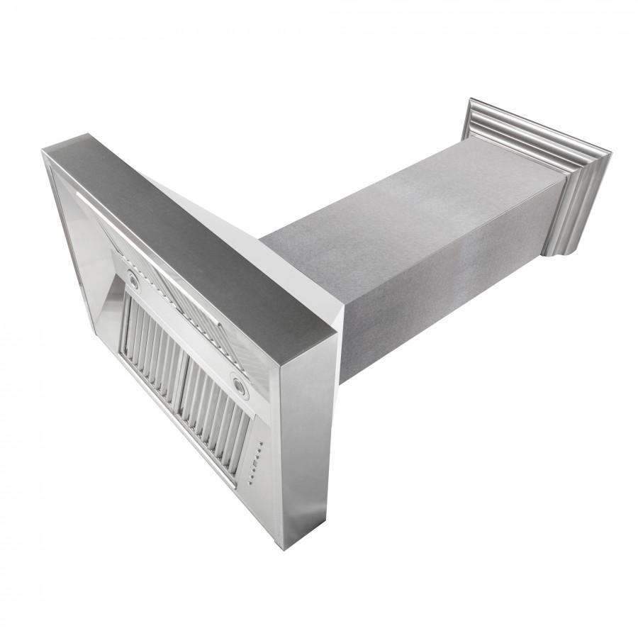 Stainless wall range hood with angled chimney and front vent grille panel