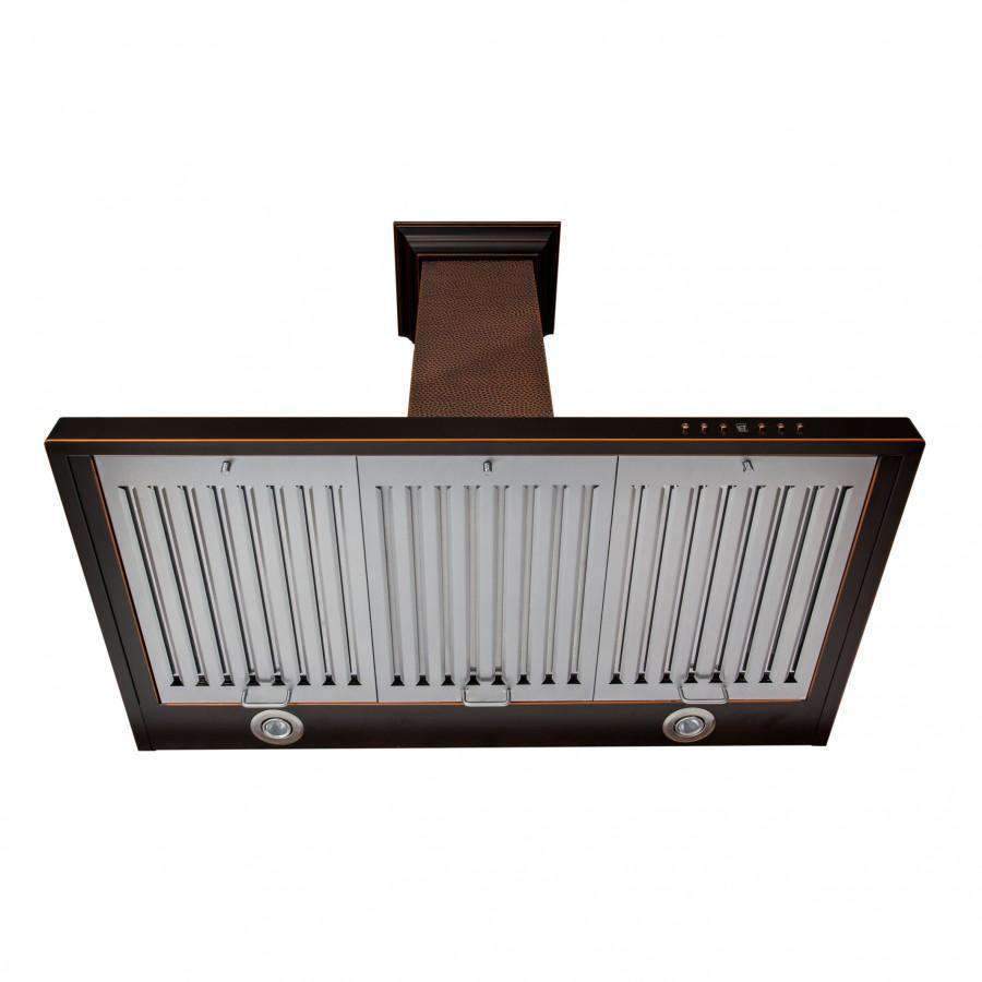 Wall range hood underside with copper tone liner and vertical ventilation slots