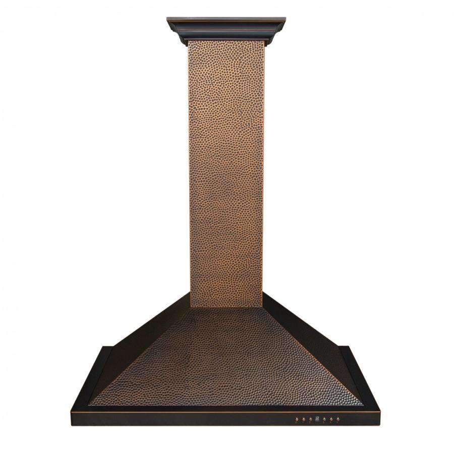 Wall-mounted range hood with hand-hammered copper chimney column and canopy
