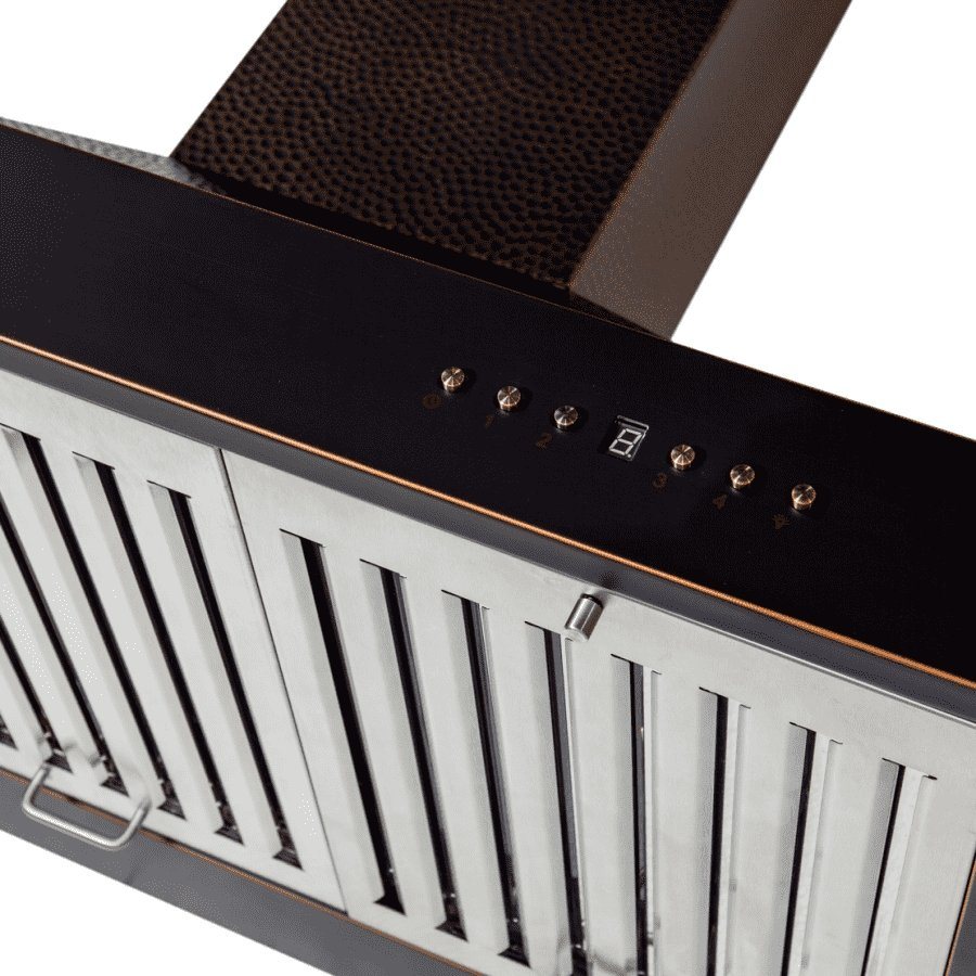 Range hood control panel with small buttons and vent slats on dark underside