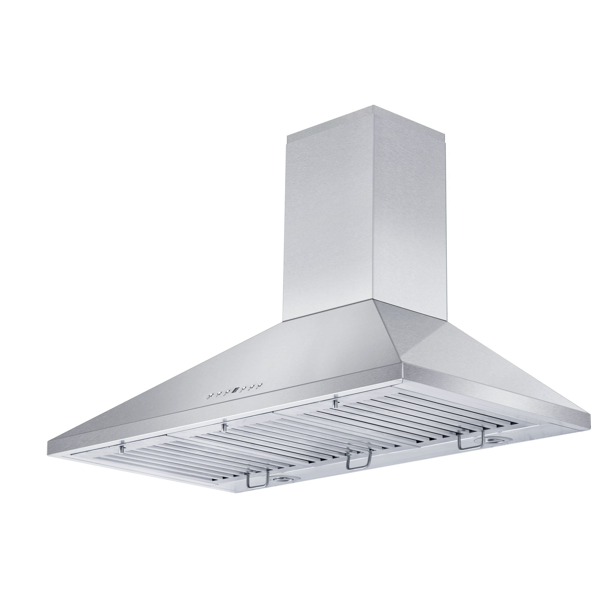 Stainless steel convertible wall range hood with removable filter tray and chimney