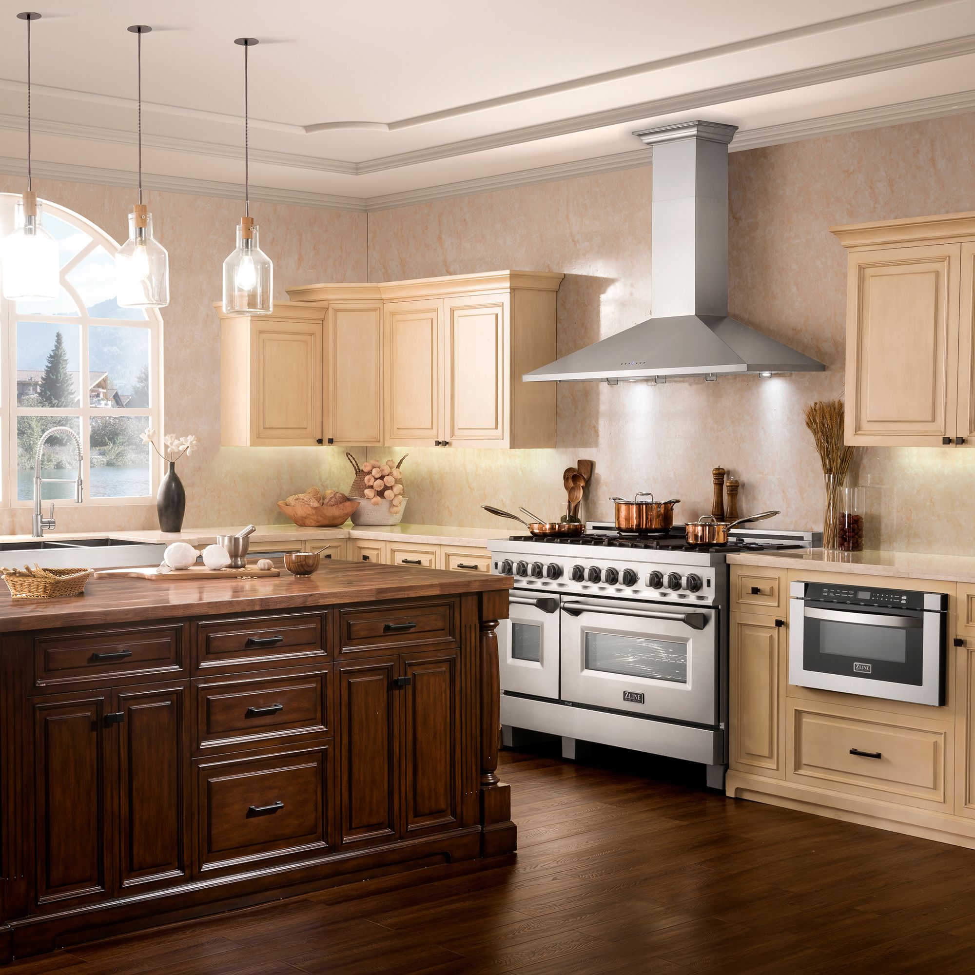 Stainless steel convertible wall range hood with chimney section above cooktop