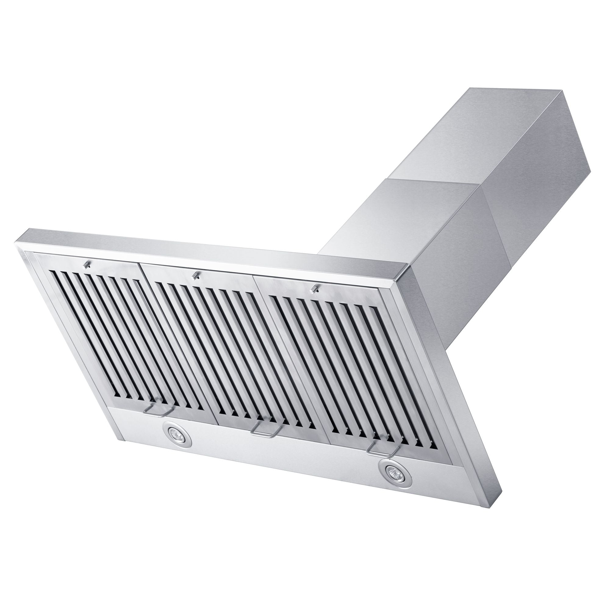 Convertible wall range hood underside with vented baffle filters and two round lights