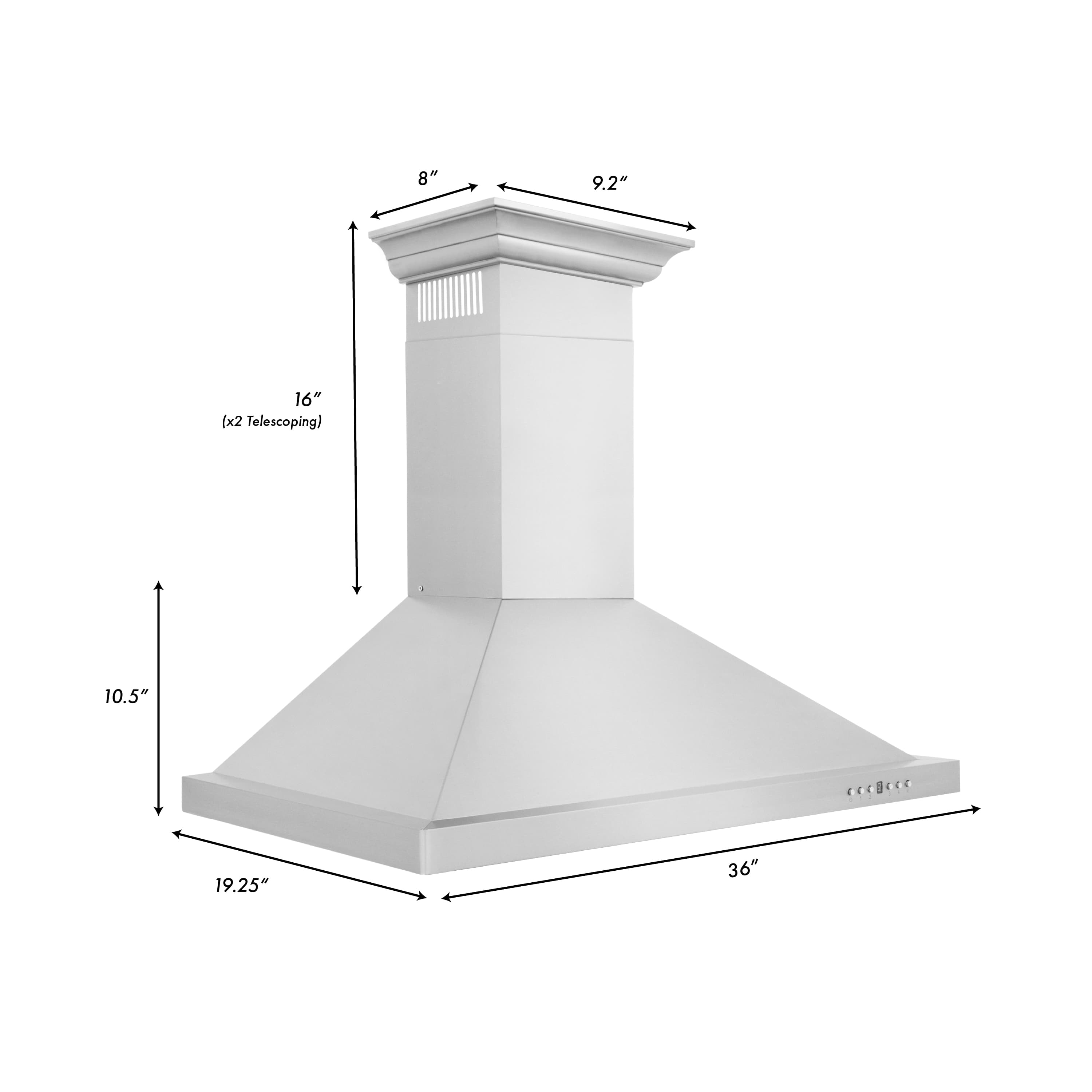 Convertible wall mount range hood with crown molding, showing height and width dimensions
