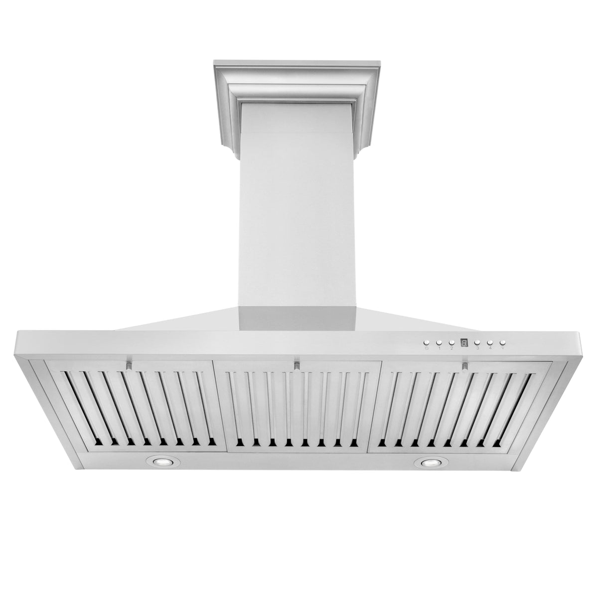 Stainless steel convertible range hood front with vent grilles and control buttons