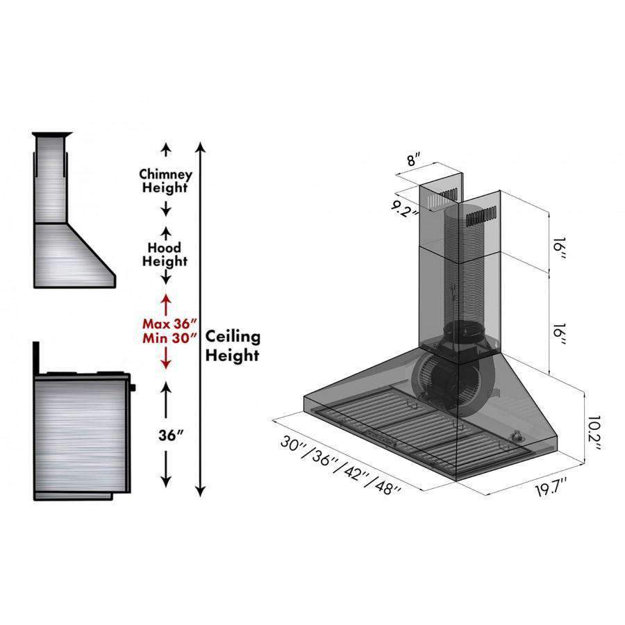Convertible wall range hood size diagram with chimney height and hood dimensions
