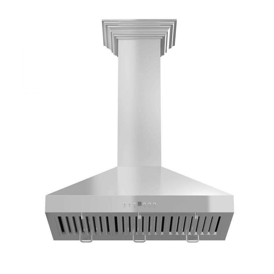 Stainless steel wall-mounted convertible range hood with crown molding and front vent slots
