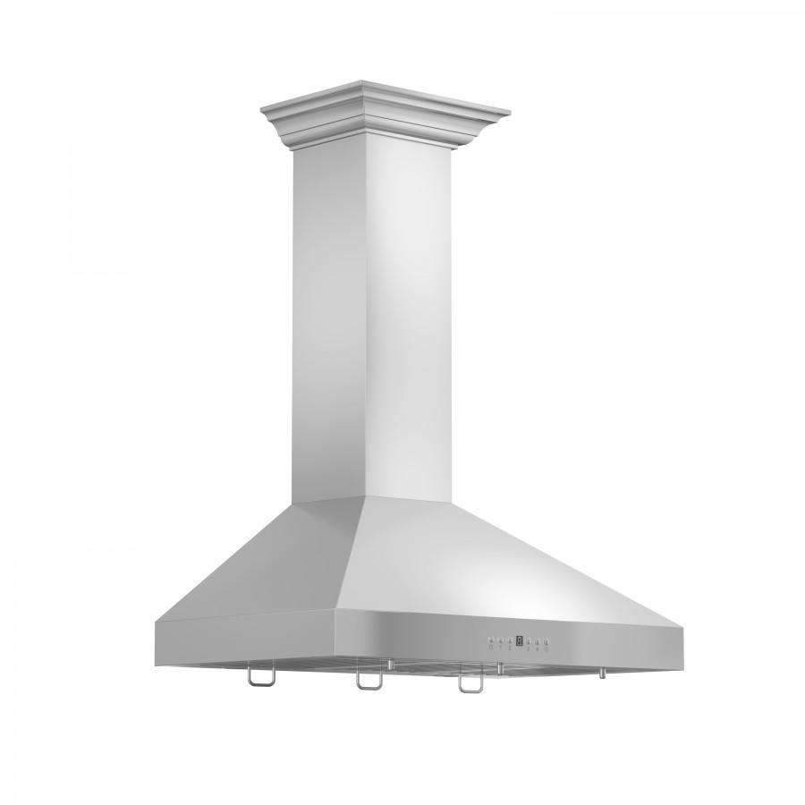 Stainless steel range hood chimney and wide canopy with crown molding