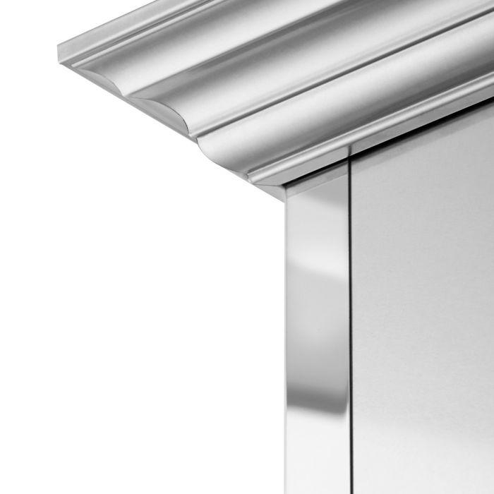Wall-mount range hood in satin stainless steel with mirror-style side accent