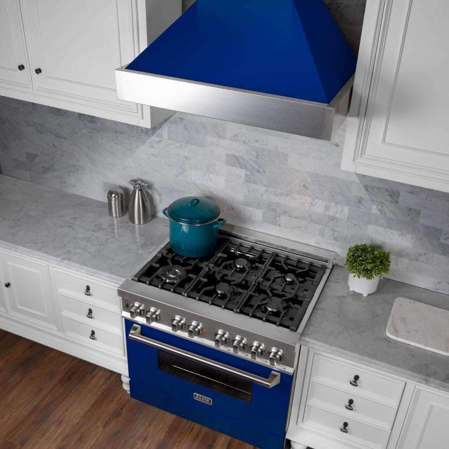 Ducted wall-mount range hood with blue glossy shell and stainless steel chimney