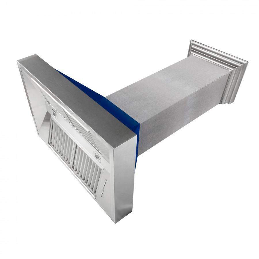 Side view of ducted wall-mount range hood with stainless body and blue top liner