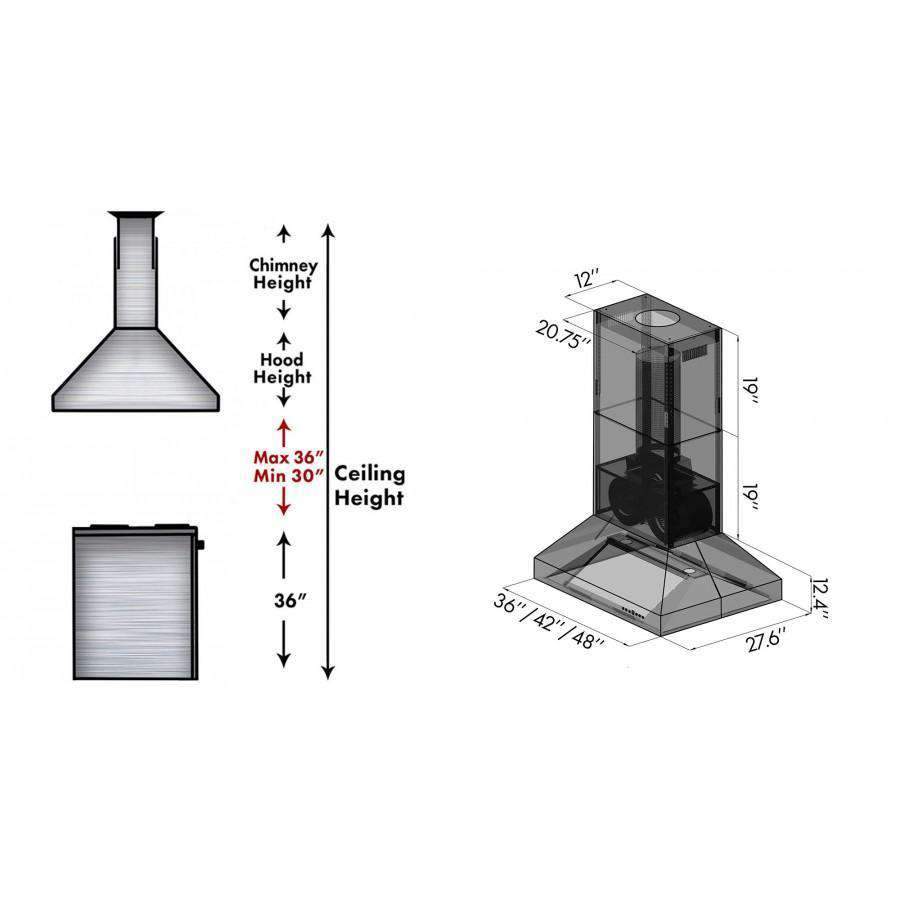 Ducted island mount range hood diagram with chimney and hood dimensions