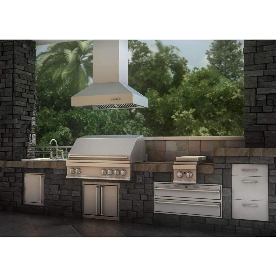 Outdoor-rated stainless steel ducted island mount range hood with chimney column