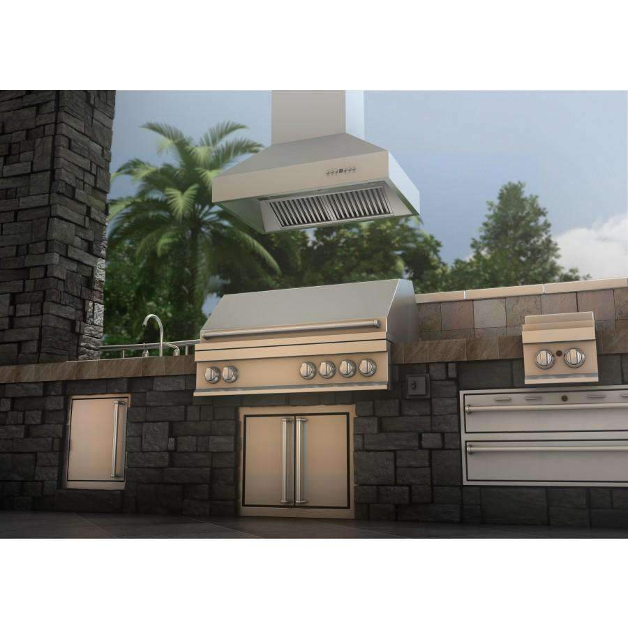 Stainless steel ducted island mount range hood with chimney chimney extension, front view