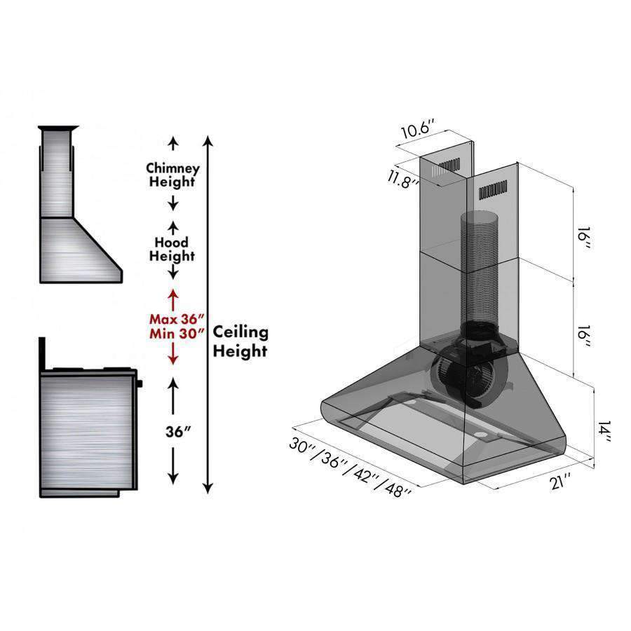 Technical diagram of stainless steel wall range hood showing dimensions and height ranges