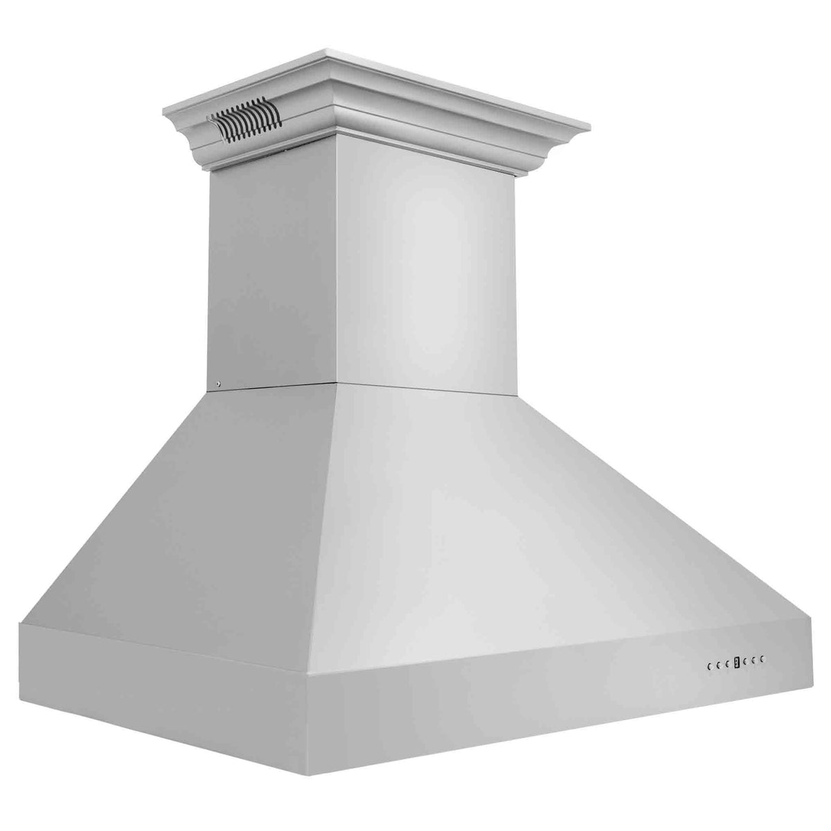 Stainless steel wall range hood with flared chimney canopy and side vents