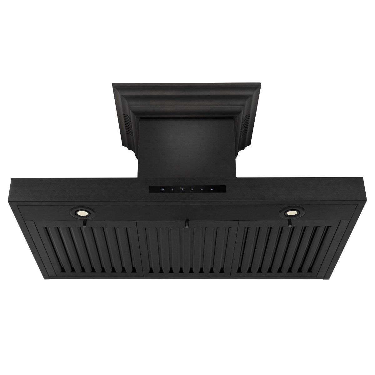 Black stainless range hood underside with baffle filters and two round light openings