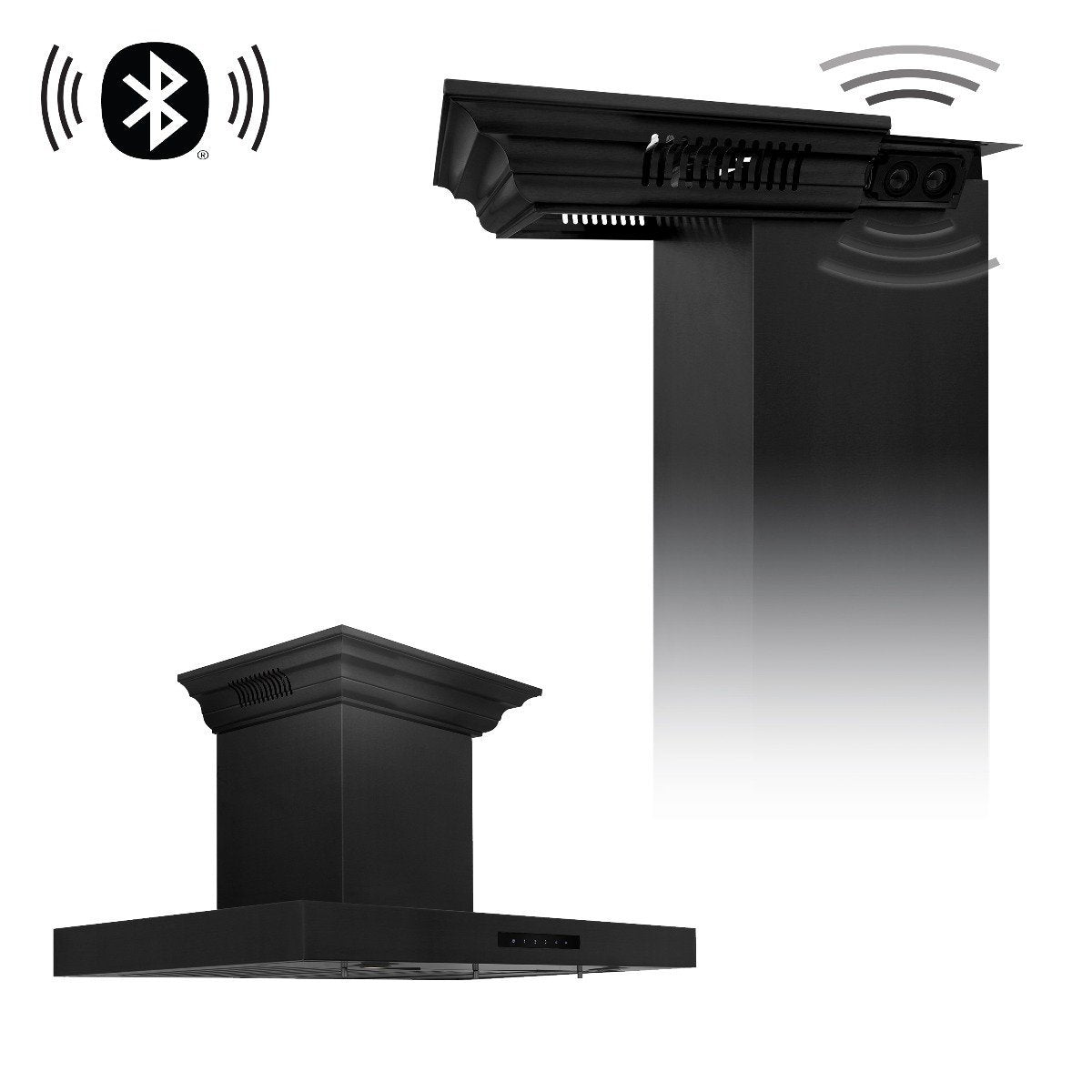Black wall-mount range hood with Bluetooth speaker icons and vented grille