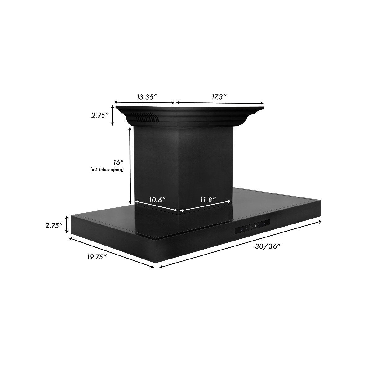 Black wall-mount range hood with tall chimney and measured size callouts
