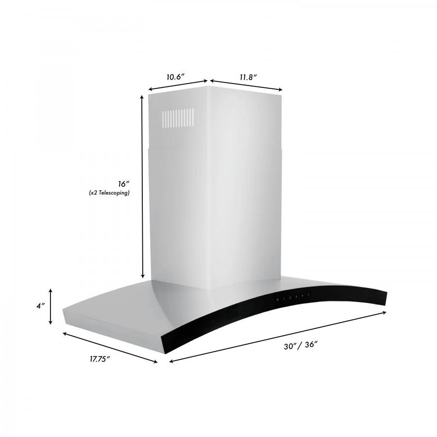 Range hood dimensions diagram: 30 in or 36 in width with chimney height