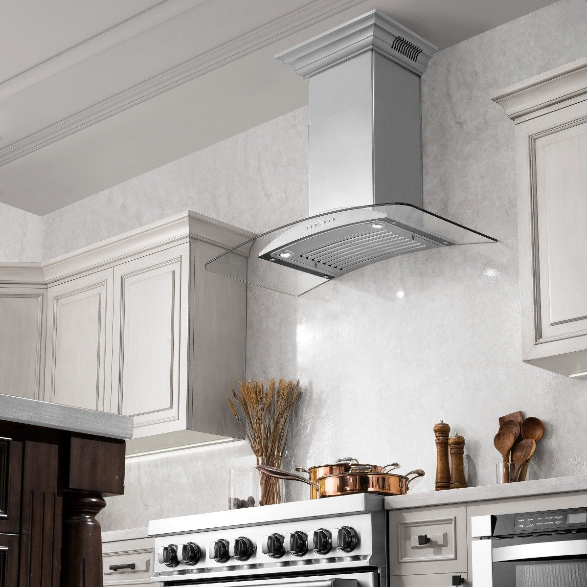 Stainless steel wall-mount range hood with chimney and canopy underside vent