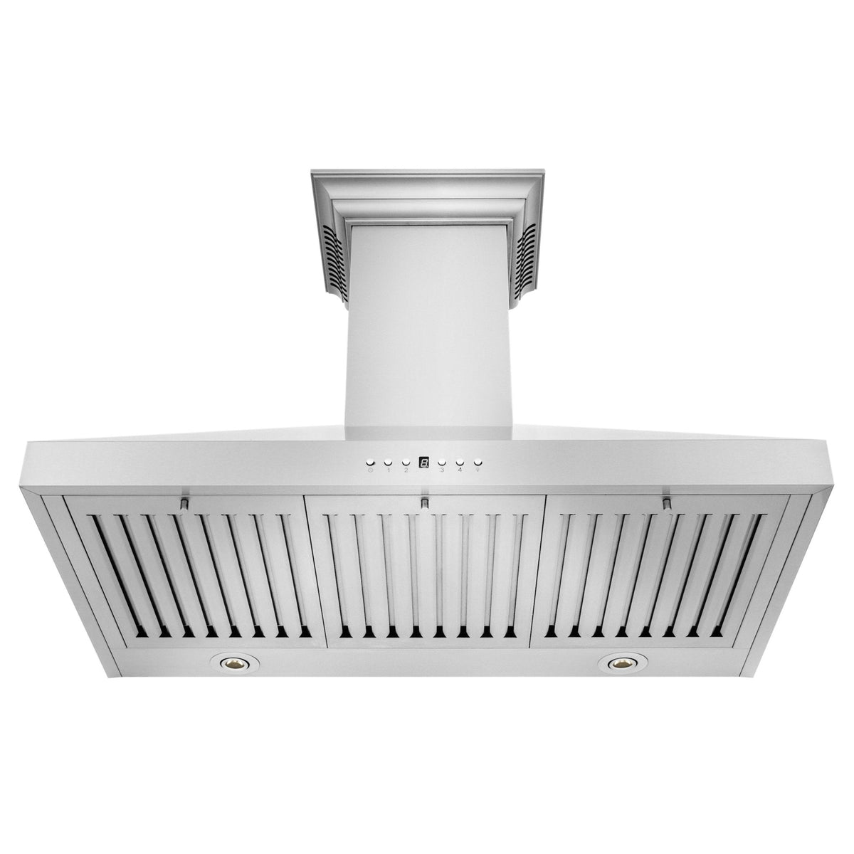 Stainless steel range hood underside with vent slats, two circular openings, and controls.