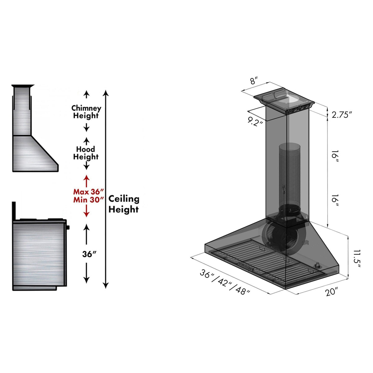 Stainless steel wall mount range hood with chimney flue and control panel details