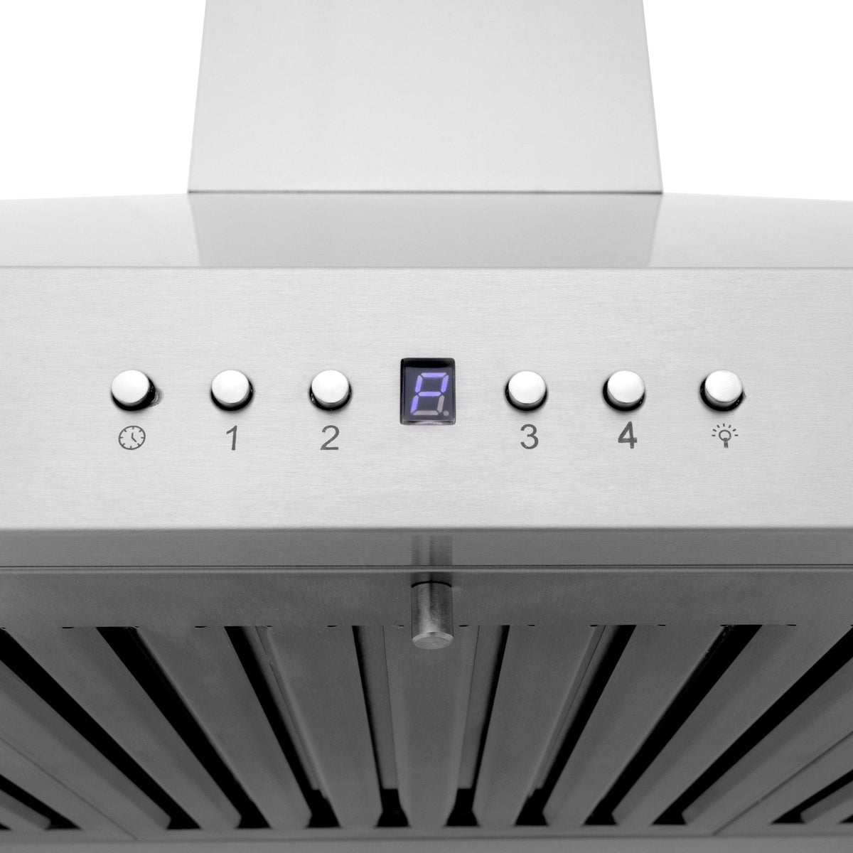 Stainless steel range hood control panel with digital display and numbered buttons.